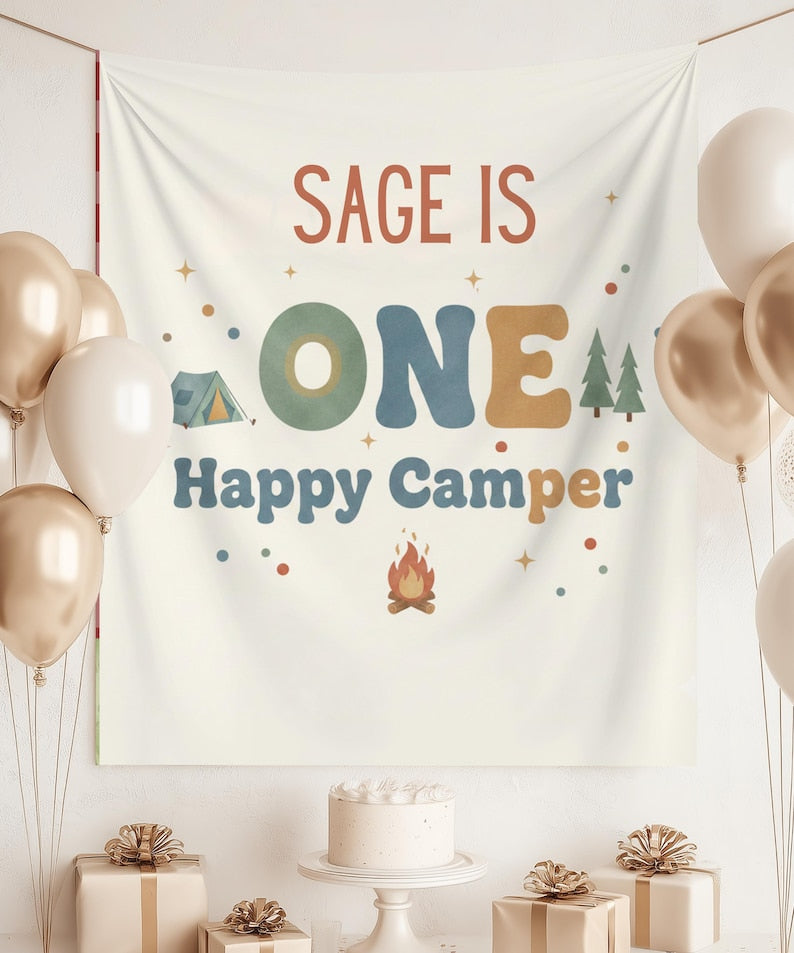 Personalized One Happy Camper First Birthday Backdrop Tapestry, Camping 1st Birthday Banner, Custom Name Sign, Camp Party Decor