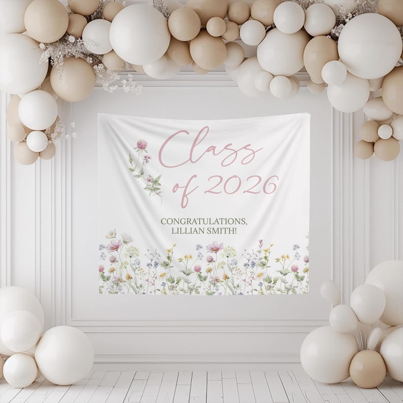 2026 Graduation Banner, Wildflower Graduation Decorations, Personalized Class of 2026 Tapestry, Graduation Backdrop for Girls