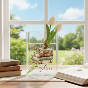 Customized Name Ancient Books And Birds Acrylic Book Vase,Eco-Friendly Home Decor,Personalized Book of Nature Book Vase,Gift for Book Lover