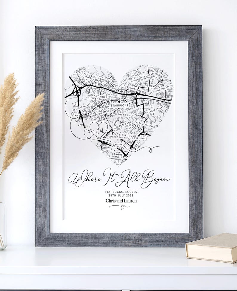 Personalised Valentines Gift Anniversary Gift, Where It All Began Heart Map Gift, Gift for Him / Her, Wife Husband Girlfriend Boyfriend (No Frame)