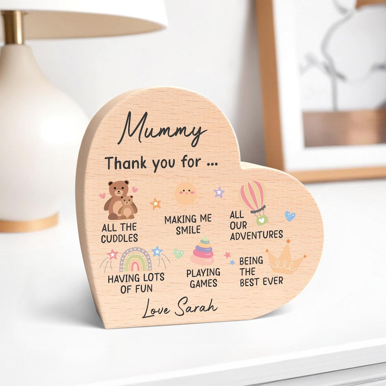 Mummy Gifts From Baby Son Daughter; Personalised Wood Heart Custom Gift For New Mom Happy 1st Mother's Day