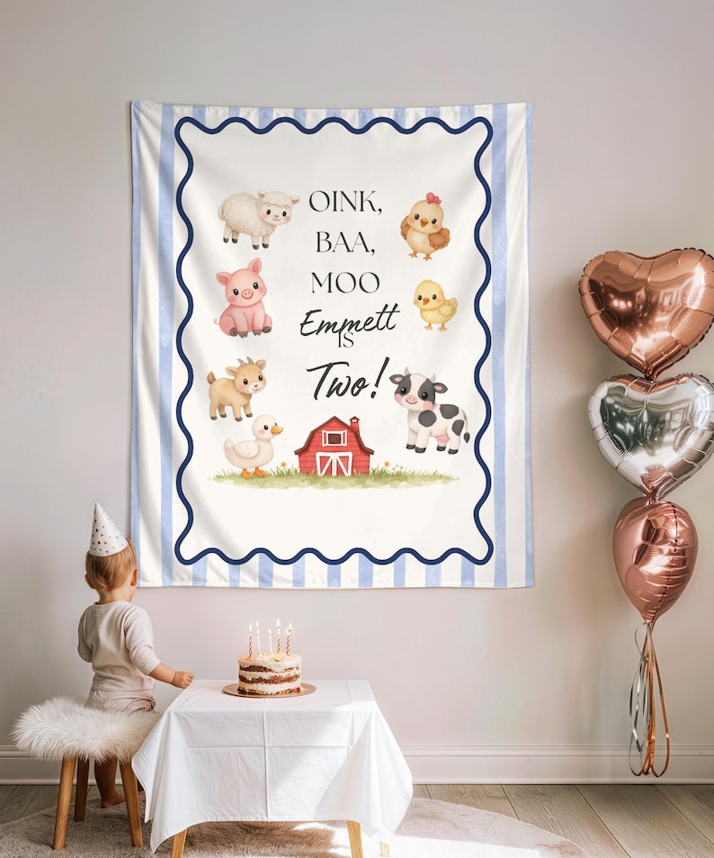 Oink Baa Moo Farm Birthday Backdrop Banner, Custom Name & Age Barnyard Tapestry, Blue Stripe Farm Animals Party Decor, Cake Smash Photo