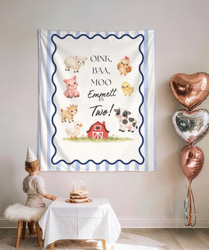 Oink Baa Moo Farm Birthday Backdrop Banner, Custom Name & Age Barnyard Tapestry, Blue Stripe Farm Animals Party Decor, Cake Smash Photo