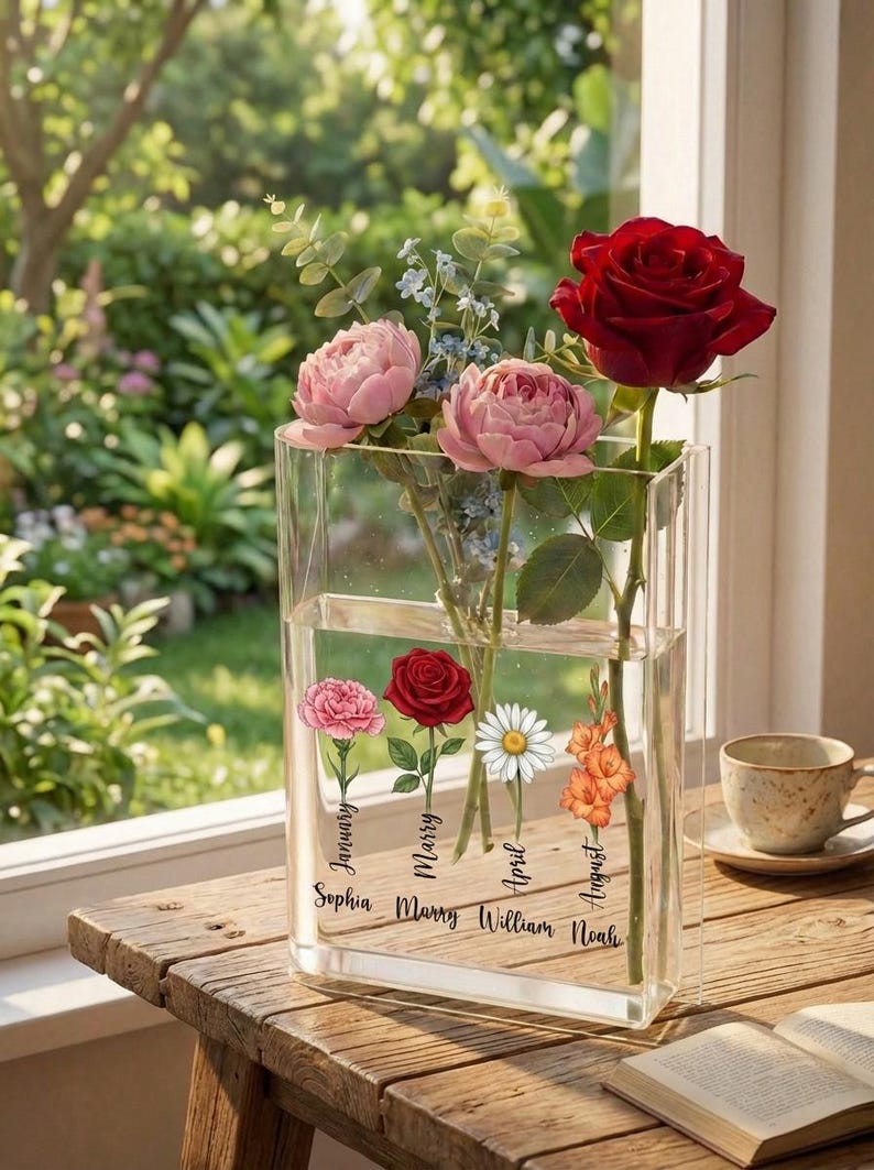 Birth Flower Grandma's Garden Personalized Book Vase, Mother's Day Gift 2026, Gift For Mom, Gift For Grandma