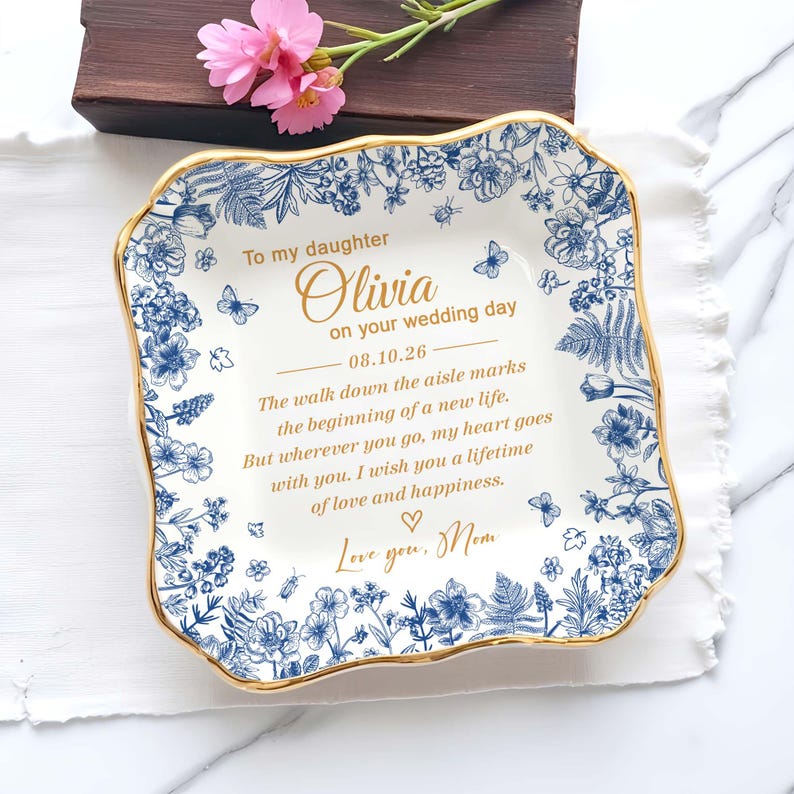 Personalized To My Daughter On Wedding Day Ring Dish, Wedding Gift for Bride, Toile De Jouy Trinket Tray, Gift For Daughter on Wedding Day
