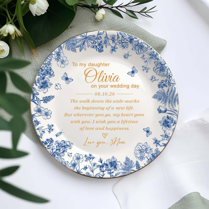 Personalized To My Daughter On Wedding Day Ring Dish, Wedding Gift for Bride, Toile De Jouy Trinket Tray, Gift For Daughter on Wedding Day