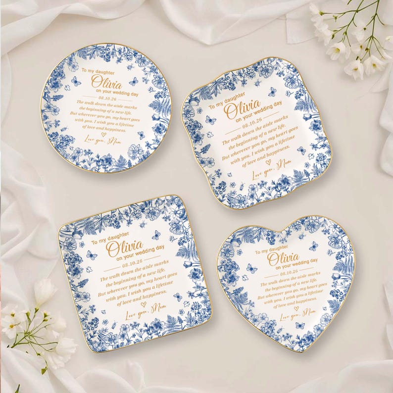 Personalized To My Daughter On Wedding Day Ring Dish, Wedding Gift for Bride, Toile De Jouy Trinket Tray, Gift For Daughter on Wedding Day