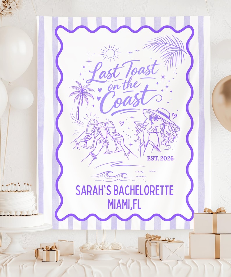 Last Toast on the Coast Bachelorette Banner, Custom Bach Weekend Backdrop, Coastal Cabana Stripe Tapestry, Personalized Name & Destination