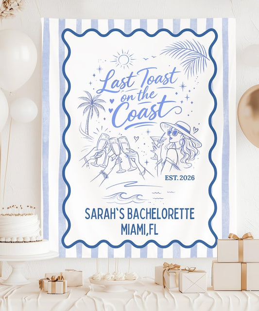 Last Toast on the Coast Bachelorette Banner, Custom Bach Weekend Backdrop, Coastal Cabana Stripe Tapestry, Personalized Name & Destination