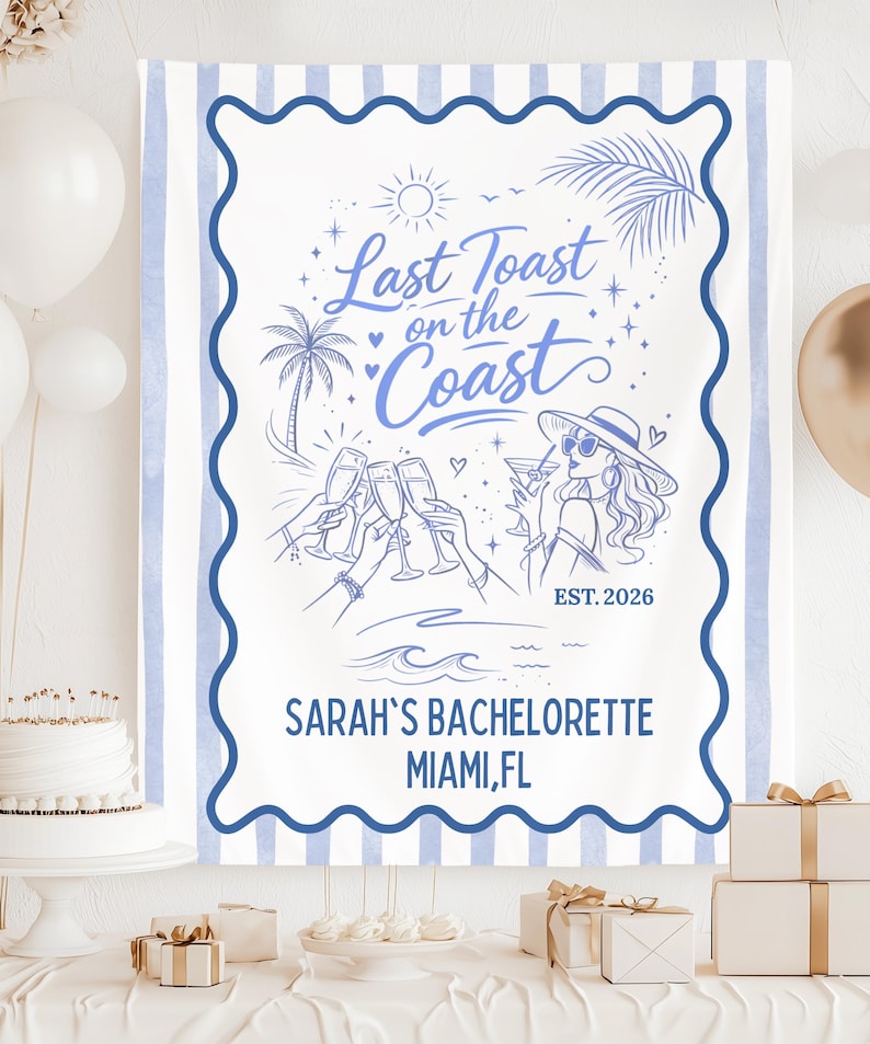 Last Toast on the Coast Bachelorette Banner, Custom Bach Weekend Backdrop, Coastal Cabana Stripe Tapestry, Personalized Name & Destination