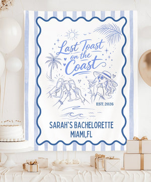 Last Toast on the Coast Bachelorette Banner, Custom Bach Weekend Backdrop, Coastal Cabana Stripe Tapestry, Personalized Name & Destination
