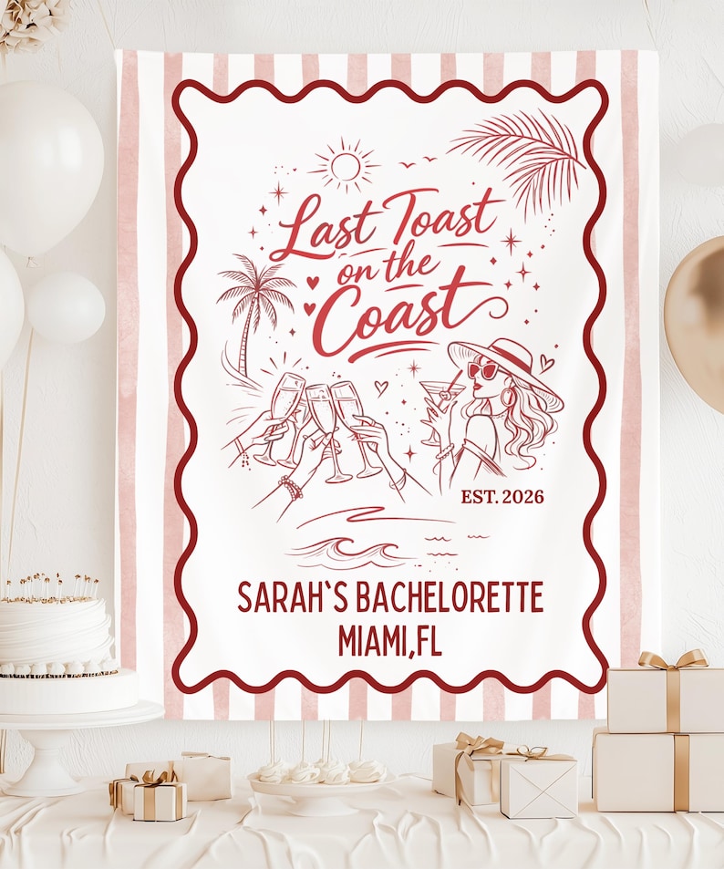 Last Toast on the Coast Bachelorette Banner, Custom Bach Weekend Backdrop, Coastal Cabana Stripe Tapestry, Personalized Name & Destination