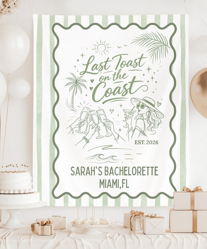 Last Toast on the Coast Bachelorette Banner, Custom Bach Weekend Backdrop, Coastal Cabana Stripe Tapestry, Personalized Name & Destination