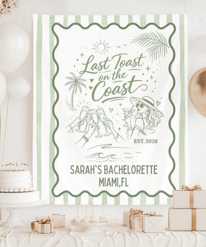 Last Toast on the Coast Bachelorette Banner, Custom Bach Weekend Backdrop, Coastal Cabana Stripe Tapestry, Personalized Name & Destination