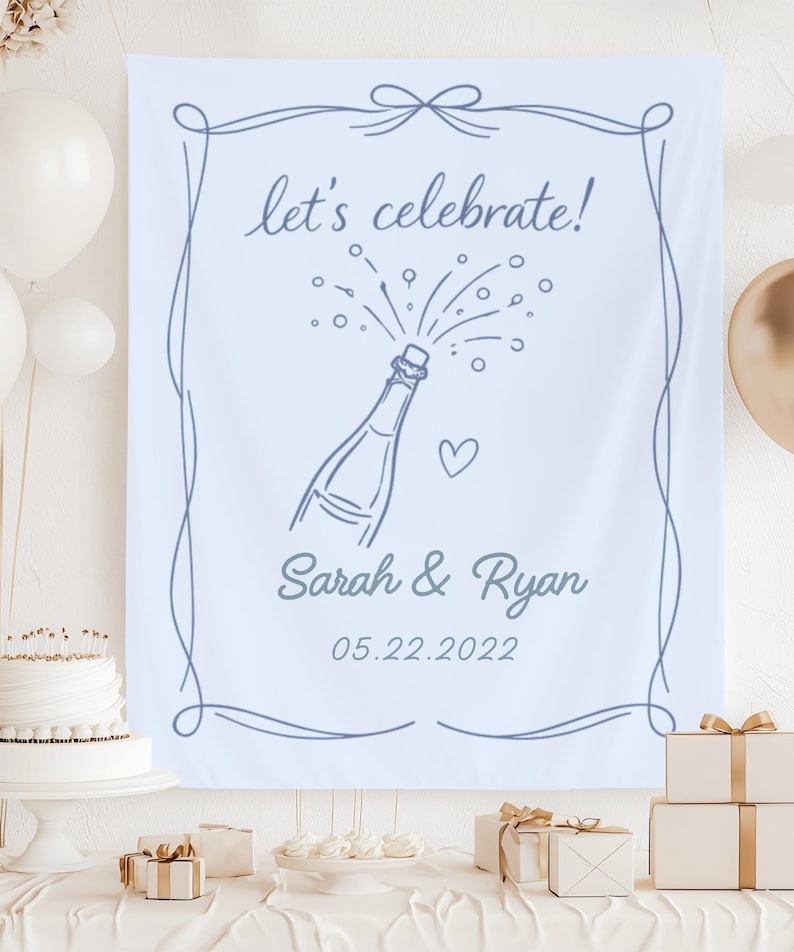 Personalized Let s Celebrate Champagne Banner, Minimal Line Art Party Backdrop, Custom Names & Date, Engagement Wedding Anniversary Decor