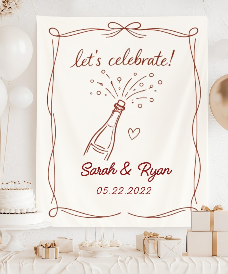 Personalized Let s Celebrate Champagne Banner, Minimal Line Art Party Backdrop, Custom Names & Date, Engagement Wedding Anniversary Decor