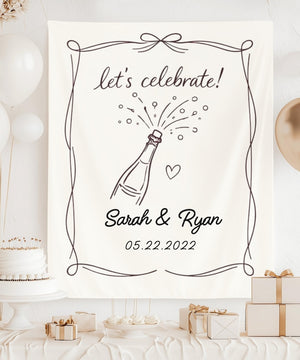 Personalized Let s Celebrate Champagne Banner, Minimal Line Art Party Backdrop, Custom Names & Date, Engagement Wedding Anniversary Decor