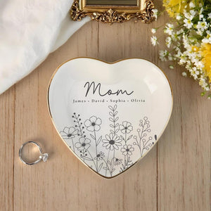 Custom Ring Dish for Mom Grandma with Kids Name, Grandma Trinket Dish, Wildflower Jewelry Tray, Birthday Mothers Day Gift for Mom or Grandma