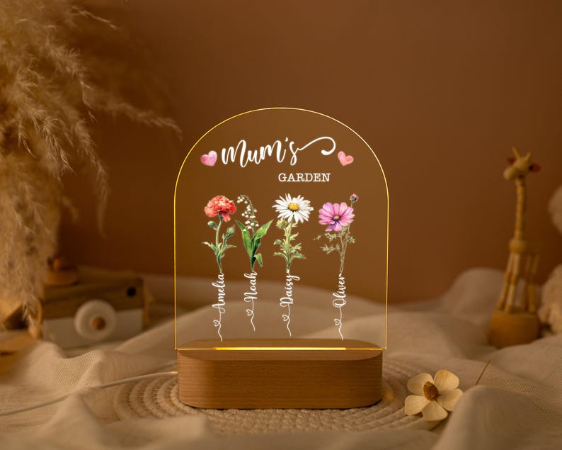 Mum's Garden Night Light, Custom Birth Month Flower With Kids Names Night Light, Gifts for Mom, Family Birth Flower Gifts, Mother's Day Gift