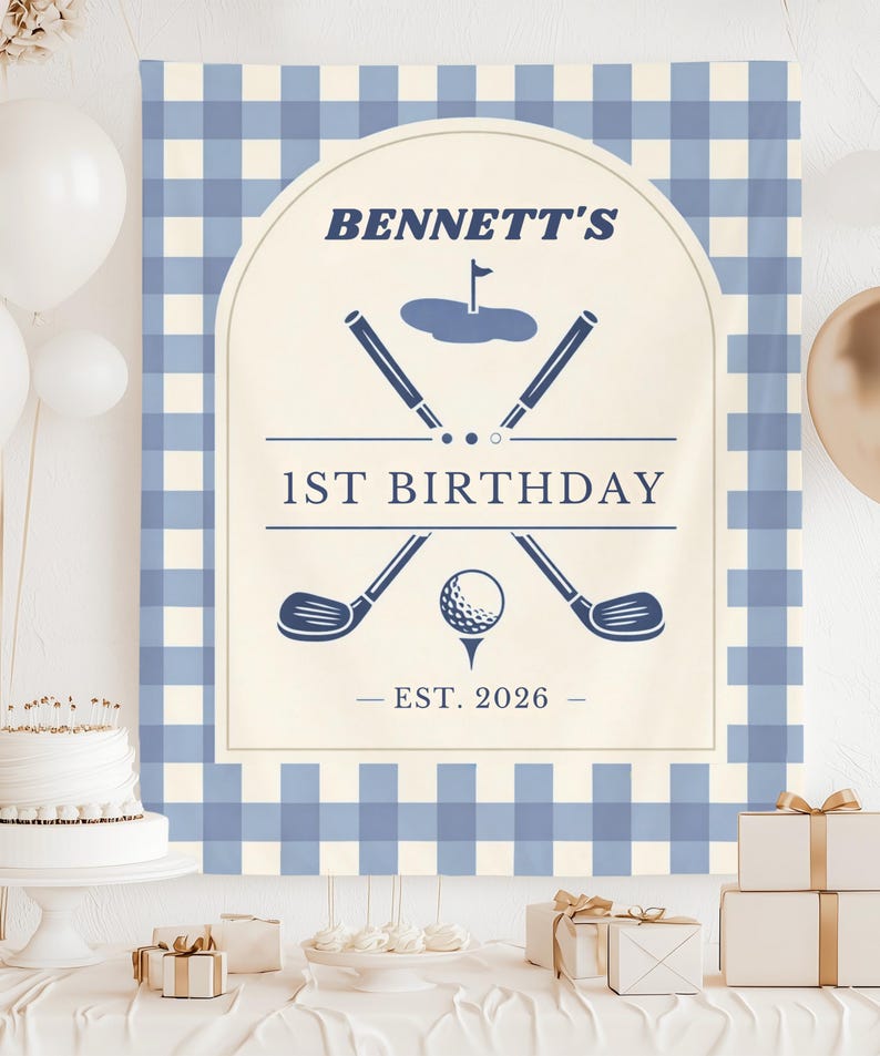 Personalized Golf 1st Birthday Banner, Sage Gingham Golf Party Backdrop, Custom Name & Year Tapestry, Preppy Golf First Birthday Decor