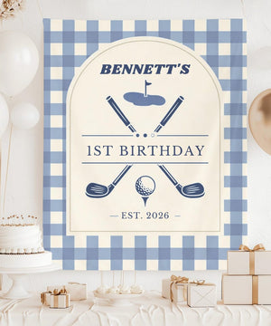 Personalized Golf 1st Birthday Banner, Sage Gingham Golf Party Backdrop, Custom Name & Year Tapestry, Preppy Golf First Birthday Decor