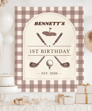 Personalized Golf 1st Birthday Banner, Sage Gingham Golf Party Backdrop, Custom Name & Year Tapestry, Preppy Golf First Birthday Decor