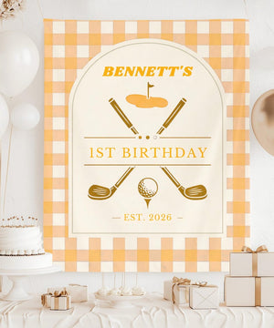 Personalized Golf 1st Birthday Banner, Sage Gingham Golf Party Backdrop, Custom Name & Year Tapestry, Preppy Golf First Birthday Decor