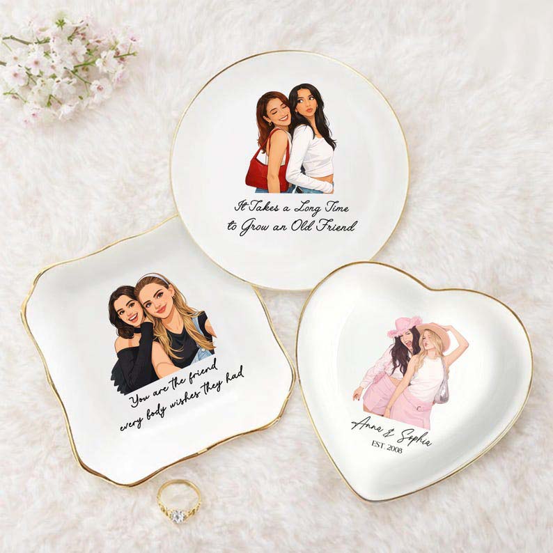 Personalized Bestie Photo Jewelry Dish, Custom Friendship Trinket Tray Ring, Birthday Gifts For Bestie