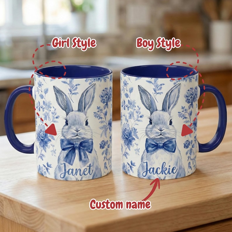 Personalized Chinoiserie Easter Bunny Mug, Custom Name Rabbit Coffee Cup, Easter Morning Tea Mug, Spring Gift for Her, Kids Easter Gift