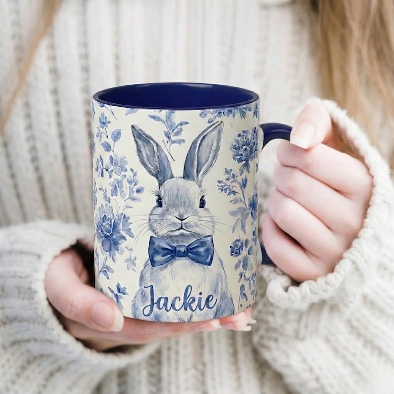 Personalized Chinoiserie Easter Bunny Mug, Custom Name Rabbit Coffee Cup, Easter Morning Tea Mug, Spring Gift for Her, Kids Easter Gift
