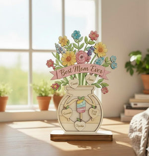 Personalized Mother's Day Gift with Grandkids Names, Custom Wooden Flower Bouquet for Mom, Grandma Garden Birthday Gift, Best Mom Ever Decor