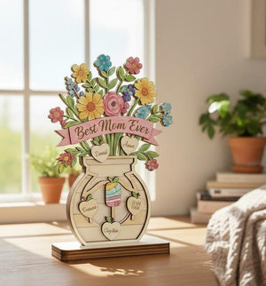 Personalized Mother's Day Gift with Grandkids Names, Custom Wooden Flower Bouquet for Mom, Grandma Garden Birthday Gift, Best Mom Ever Decor