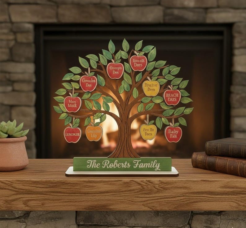 Personalized Mother's Day Gift,Custom Family Tree Wood Sign with Names,3D Apple Tree Decor for Grandma, Grandkids Name Sign,Anniversary Gift