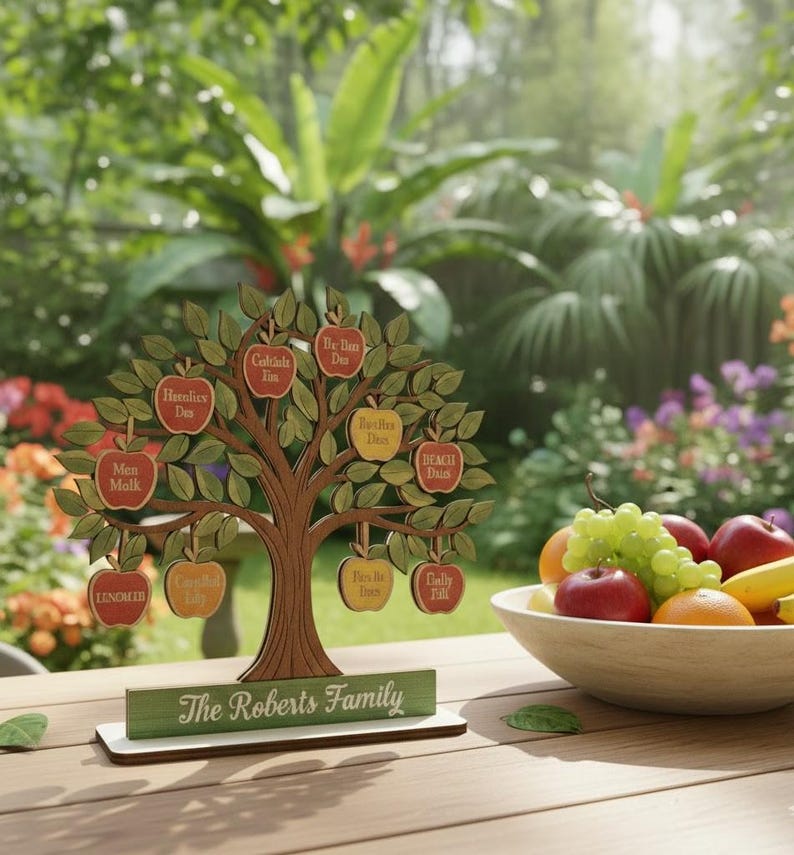 Personalized Mother's Day Gift,Custom Family Tree Wood Sign with Names,3D Apple Tree Decor for Grandma, Grandkids Name Sign,Anniversary Gift
