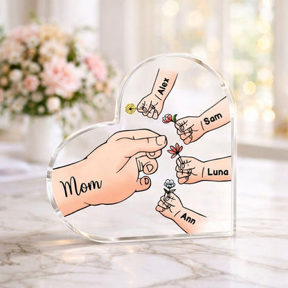 Personalized Name Mom And Kid Hands Heart Acrylic Plaque, Mother's Day Gift, Grandma Gifts, Floral Frame Birthday For Her