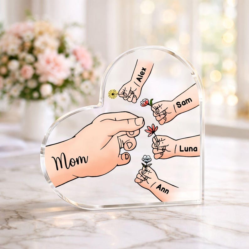 Personalized Name Mom And Kid Hands Heart Acrylic Plaque, Mother's Day Gift, Grandma Gifts, Floral Frame Birthday For Her