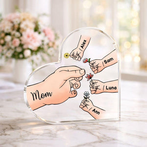 Personalized Name Mom And Kid Hands Heart Acrylic Plaque, Mother's Day Gift, Grandma Gifts, Floral Frame Birthday For Her