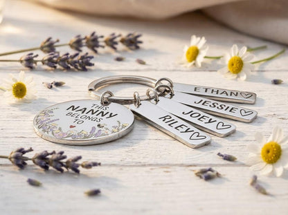 Personalised Flower Family Keyring Mother's Day Gift: Nanny, Mummy Belongs To Engraved Stainless Steel Keepsake, Nanna, Auntie, Mum Loved By