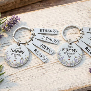 Personalised Flower Family Keyring Mother's Day Gift: Nanny, Mummy Belongs To Engraved Stainless Steel Keepsake, Nanna, Auntie, Mum Loved By