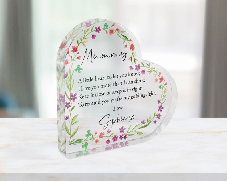 Personalised Mum's Mother's Day Poem Heart Acrylic Keepsake Gift for Nanny's Birthday, Grandma Present - Sentimental Floral Ornament