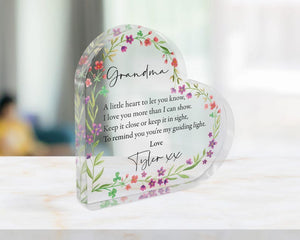Personalised Mum's Mother's Day Poem Heart Acrylic Keepsake Gift for Nanny's Birthday, Grandma Present - Sentimental Floral Ornament
