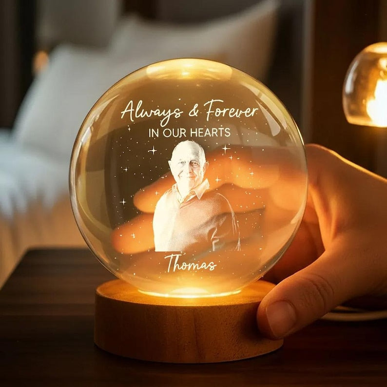 Custom Photo Always In Our Hearts Crystal Globe Lamp, Memorial Photo Engraved Crystal Ball LED Night Light, Sympathy Gift