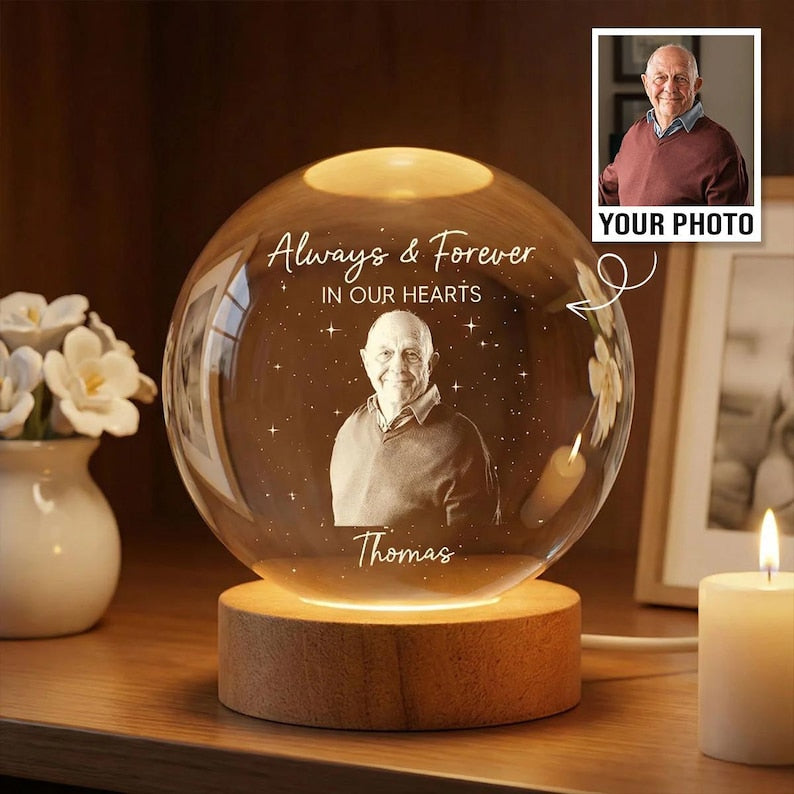 Custom Photo Always In Our Hearts Crystal Globe Lamp, Memorial Photo Engraved Crystal Ball LED Night Light, Sympathy Gift
