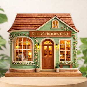 Custom Bookstore Flower House Wooden Block Personalized Book Lover Gift Wood Plaque Miniature Bookshop Decor Reader Gift