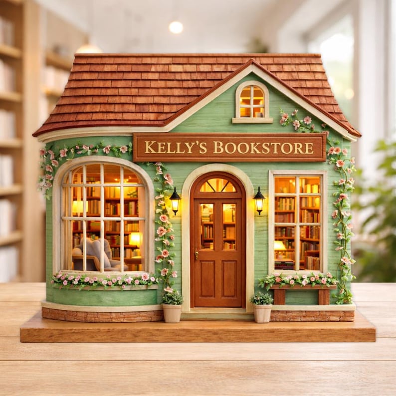 Custom Bookstore Flower House Wooden Block Personalized Book Lover Gift Wood Plaque Miniature Bookshop Decor Reader Gift