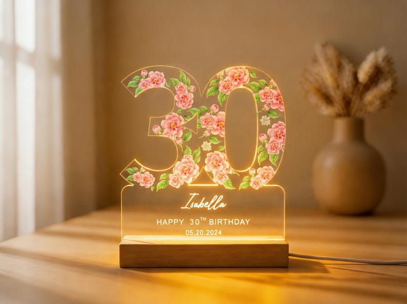 Personalized 30th Birthday Gift for Her, Custom Floral Night Light, Flower Birthday Plaque