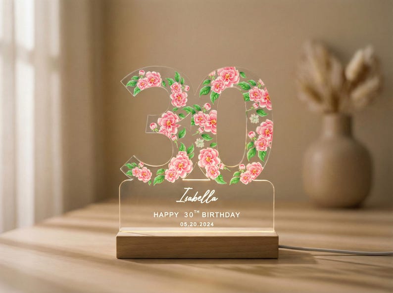 Personalized 30th Birthday Gift for Her, Custom Floral Night Light, Flower Birthday Plaque