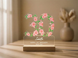 Personalized 30th Birthday Gift for Her, Custom Floral Night Light, Flower Birthday Plaque