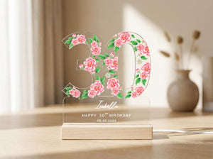 Personalized 30th Birthday Gift for Her, Custom Floral Night Light, Flower Birthday Plaque