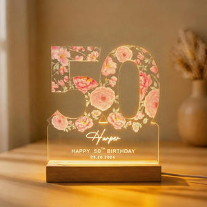50th Birthday Gift for Women, Personalized Birthday Light For Any Age, Custom Pink Flower Night Lamp, Mom Gifts
